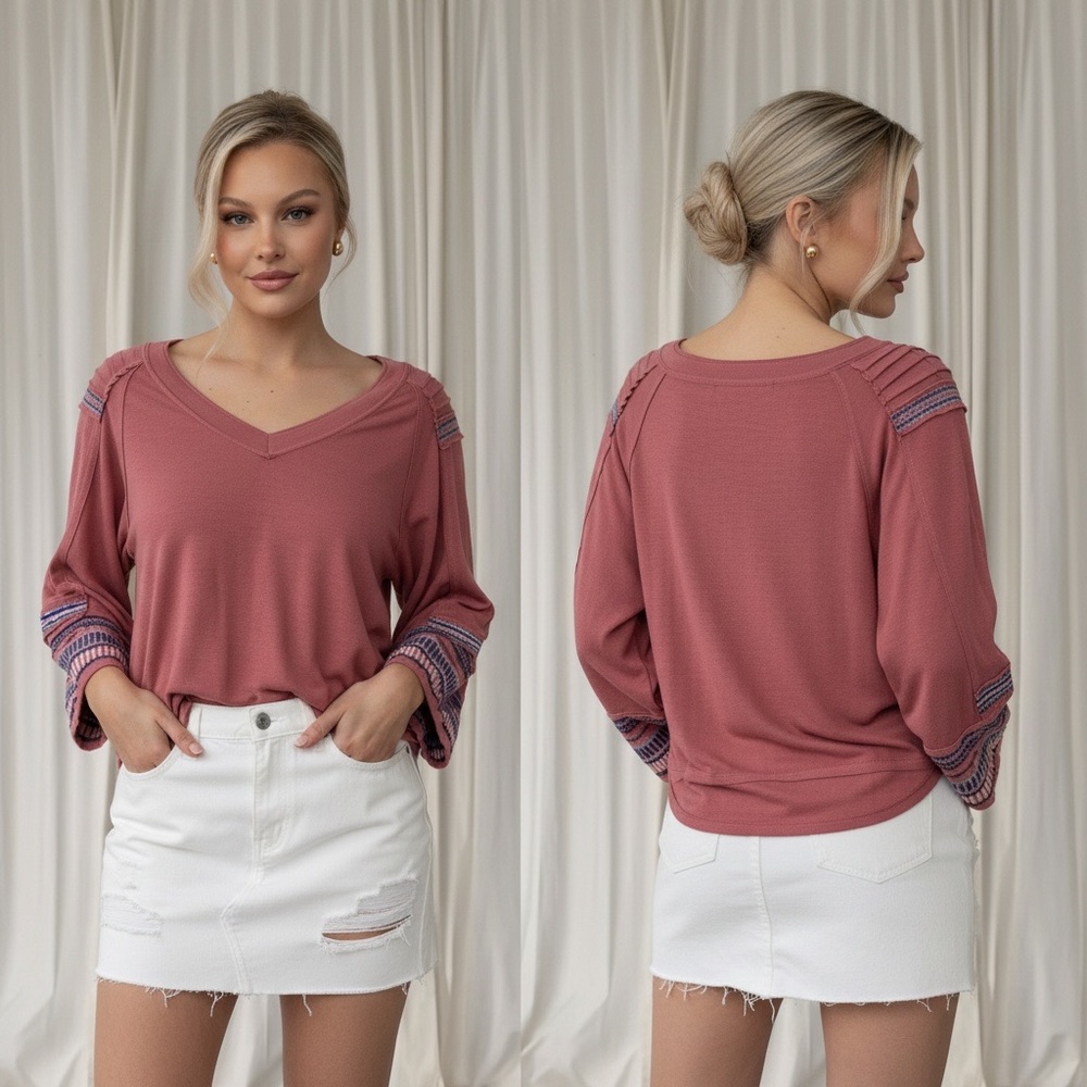 Dusty Rose Boho Embroidered Sleeve Top V-Neck Knit Top Western 3/4 Sleeve Top M